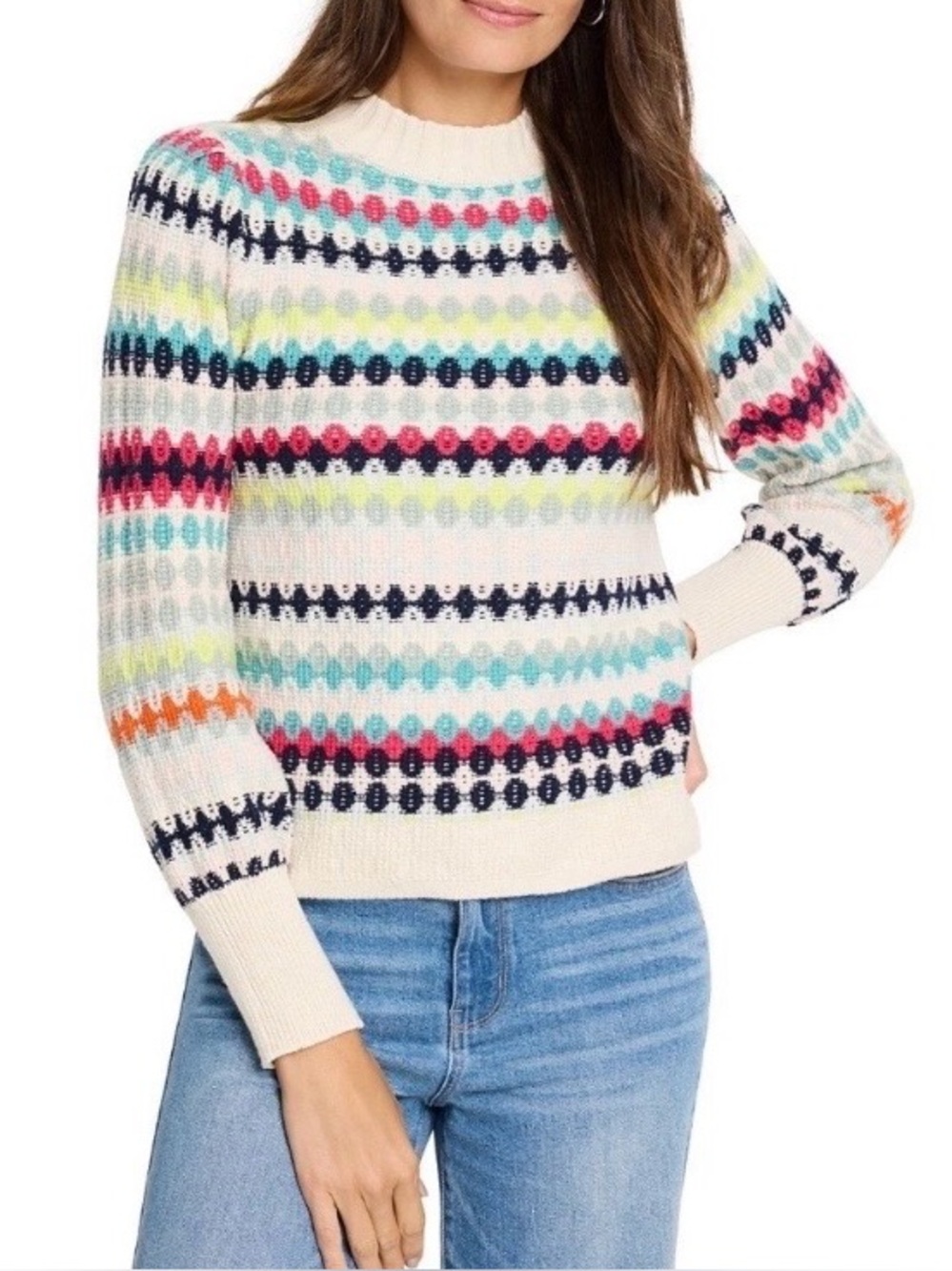 NIC+ZOE Pattern Waffle Stitch Sweater Pink Multi Stripe Ribbed Cuffs Crew Size S